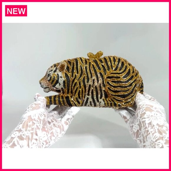 Sparkling Rhinestone Tiger Evening Clutch Prom Party Purse Handbag